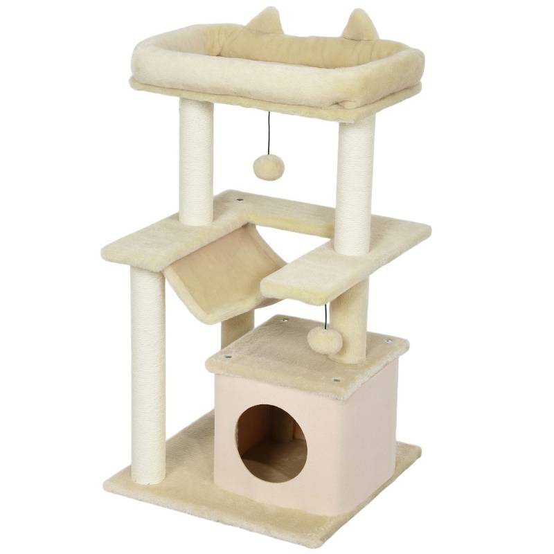 Arbre à Chat Griffoir Sisal Niche Hamac Jouet 48x48x90cm Crème - ComfortXL Pet Living - Image 2
