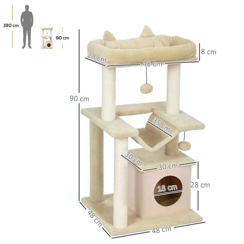 Arbre à Chat Griffoir Sisal Niche Hamac Jouet 48x48x90cm Crème - ComfortXL Pet Living - Image 3
