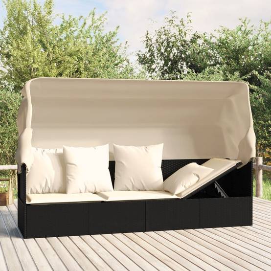 Lit de salon d'extérieur | Transat | Bain de soleil toit et coussins Noir Résine tressée - Image 2