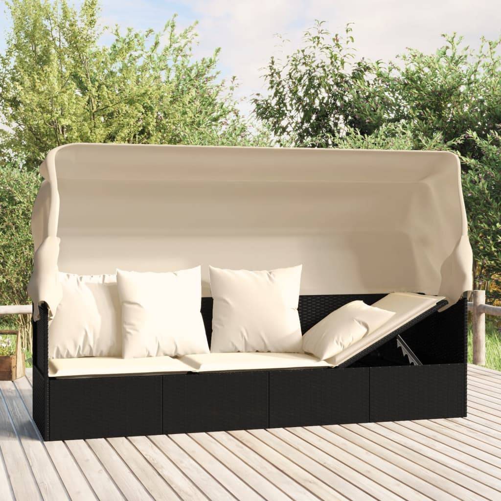 Lit de salon d'extérieur | Transat | Bain de soleil toit et coussins Noir Résine tressée - Image 2