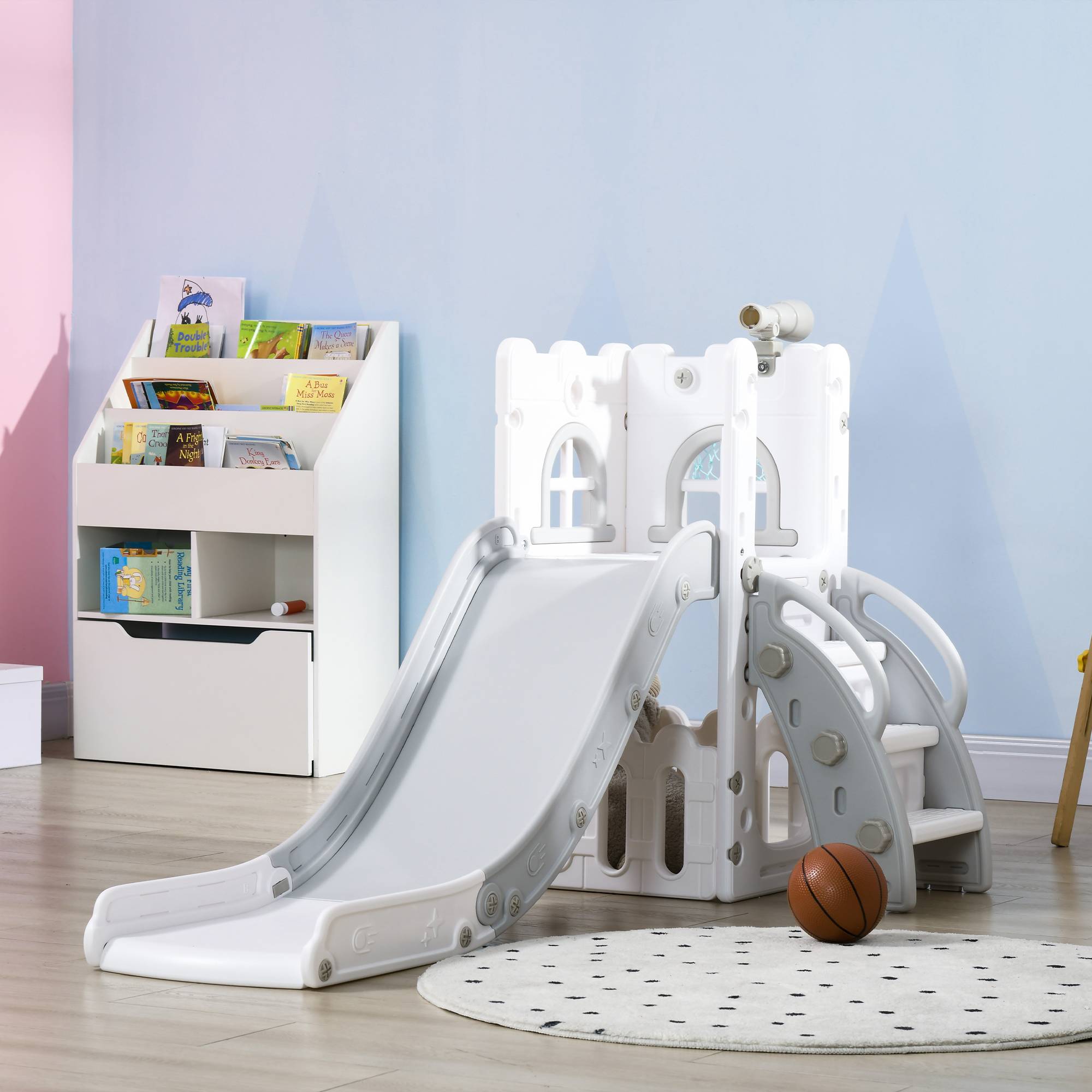 Toboggan pour enfants, 5 en 1, avec panier de basket et structure d'escalade télescopique, gris, 70 x 177 x 92 cm - Image 4