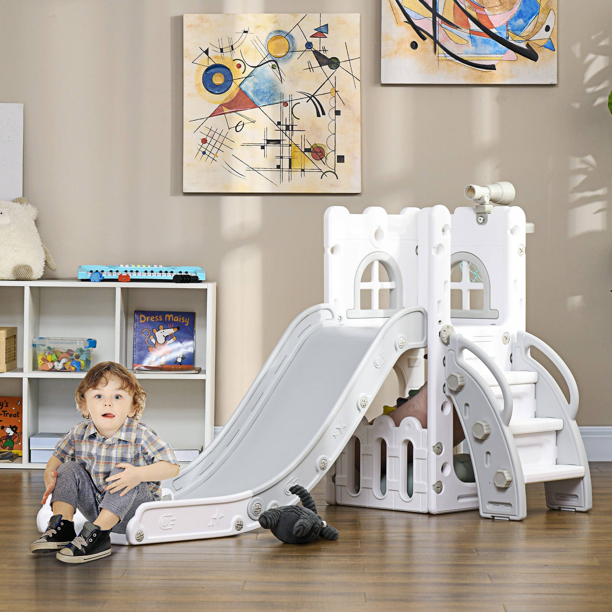 Toboggan pour enfants, 5 en 1, avec panier de basket et structure d'escalade télescopique, gris, 70 x 177 x 92 cm - Image 3