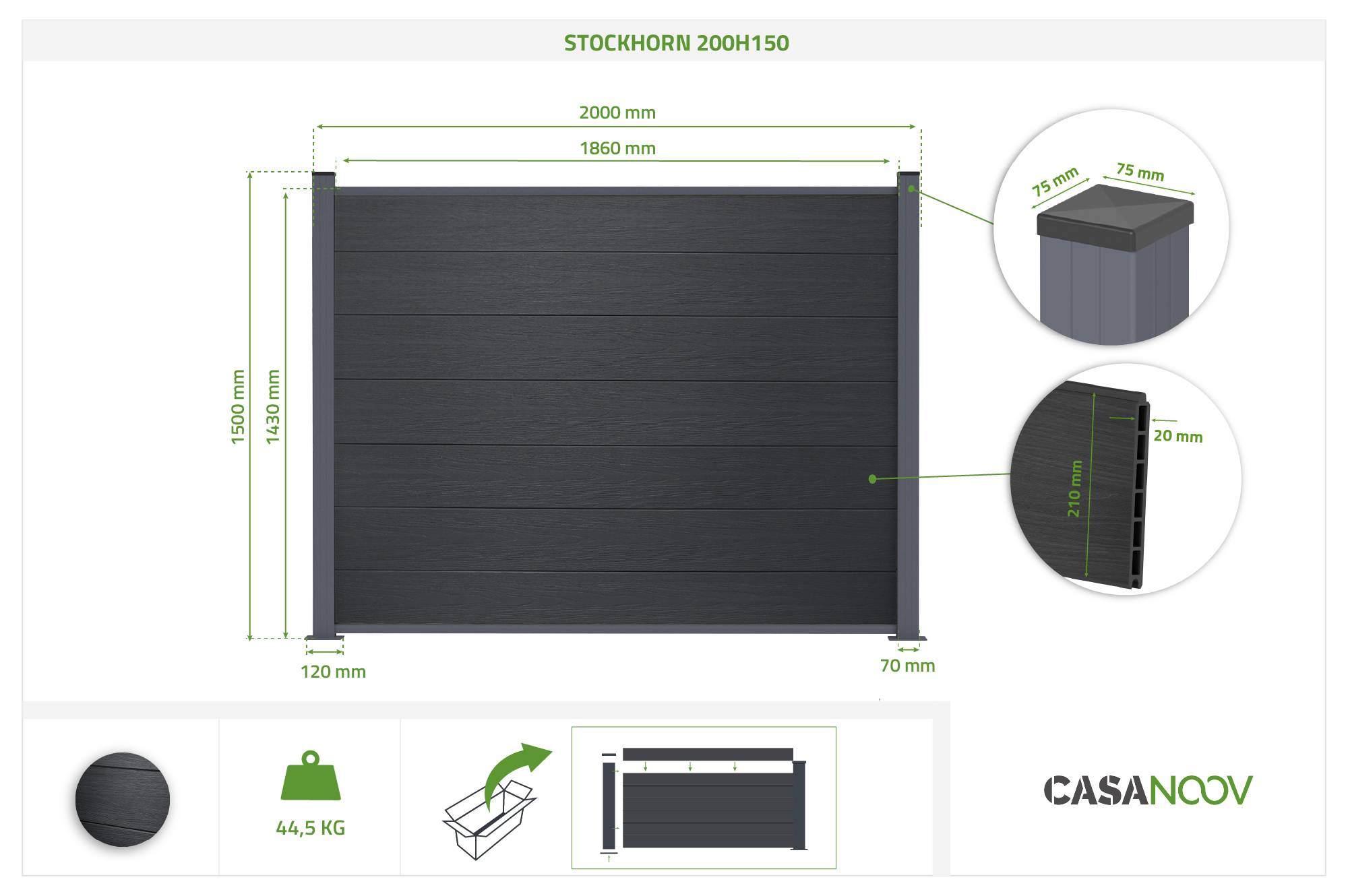 Casanoov Clôture composite Stockhorn 4 m H.150  cm sur plaque grise - Image 2