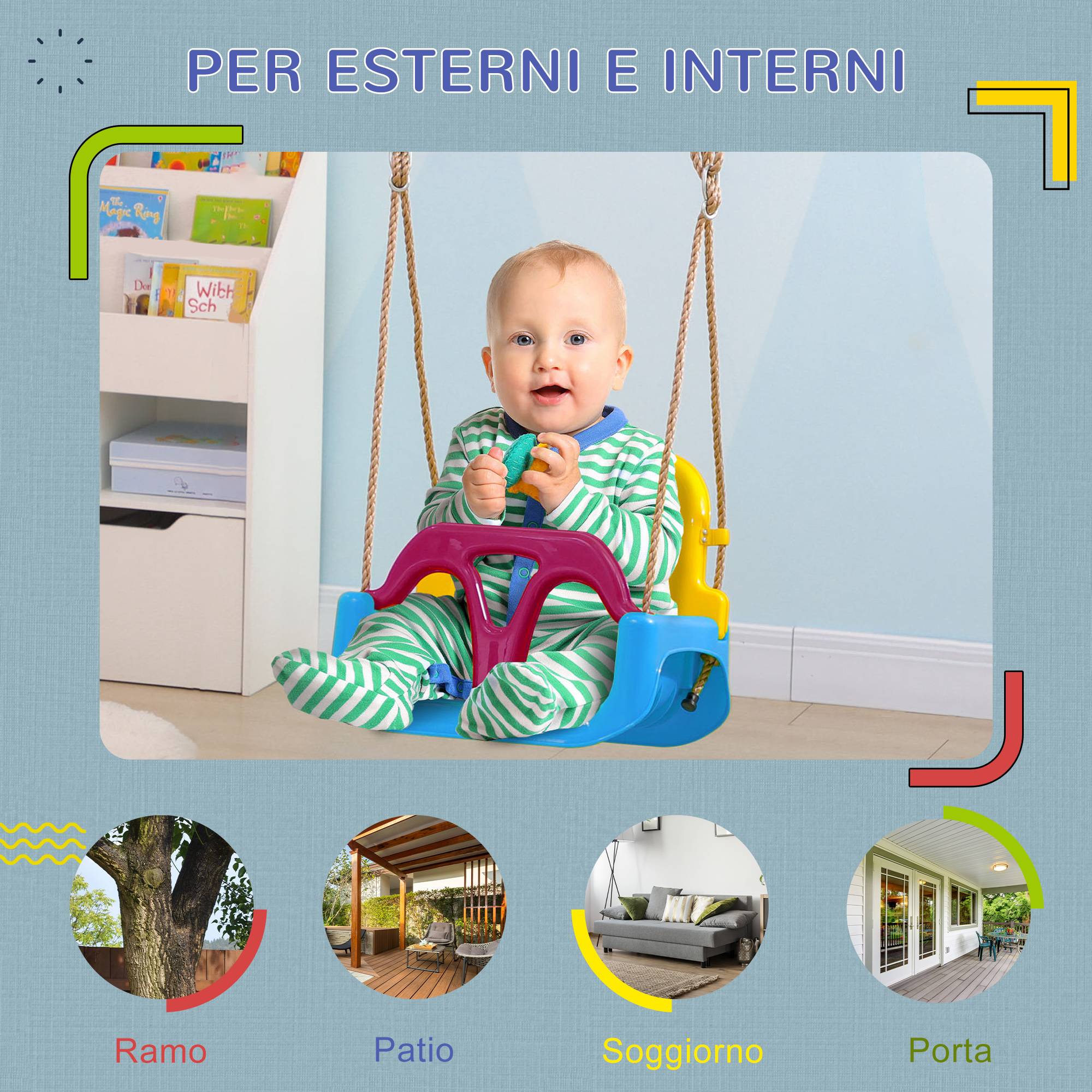 Balançoire bébé 3 en 1 pour intérieur et extérieur, corde réglable et ceinture de sécurité, 9-36 mois, bleue - Image 9