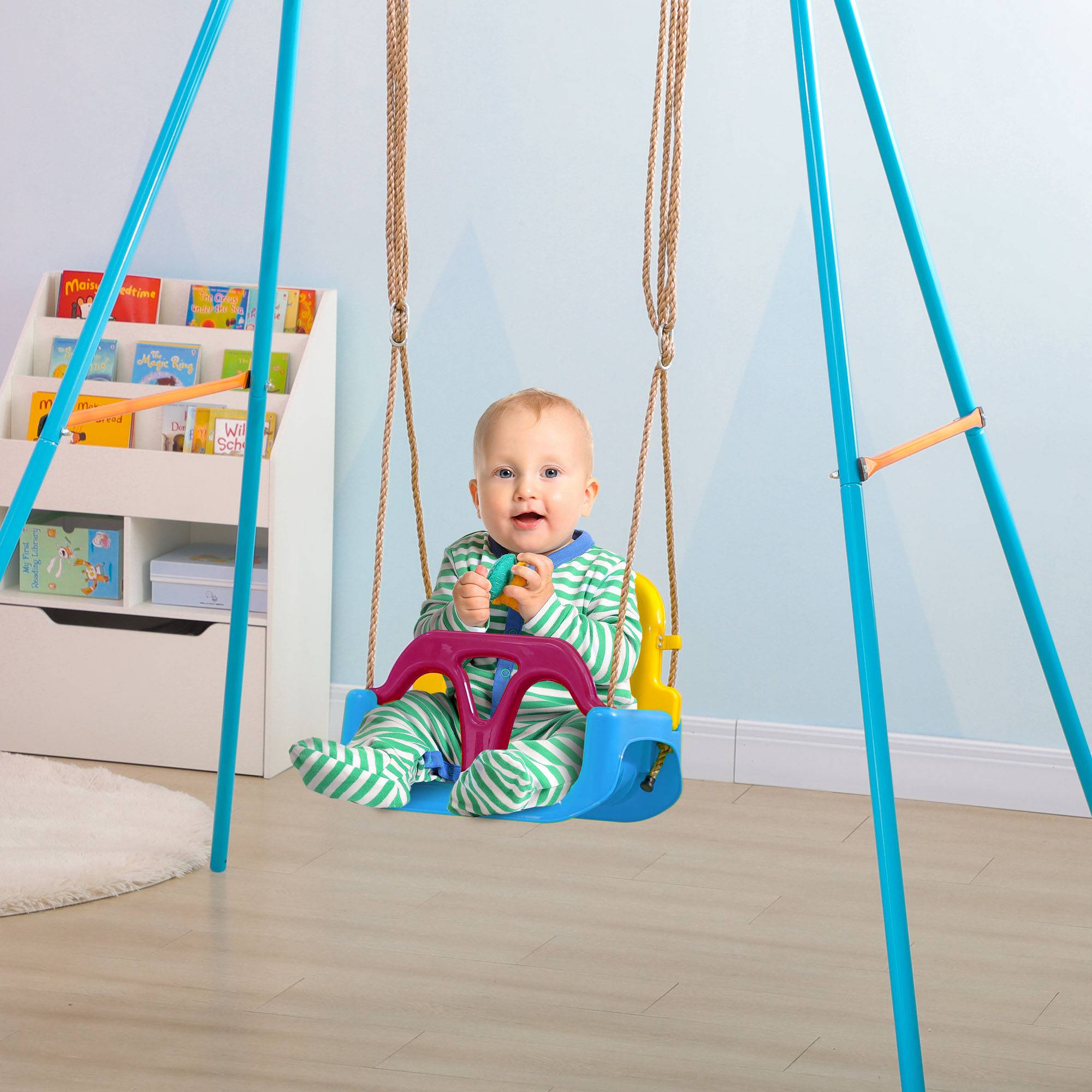 Balançoire bébé 3 en 1 pour intérieur et extérieur, corde réglable et ceinture de sécurité, 9-36 mois, bleue - Image 4
