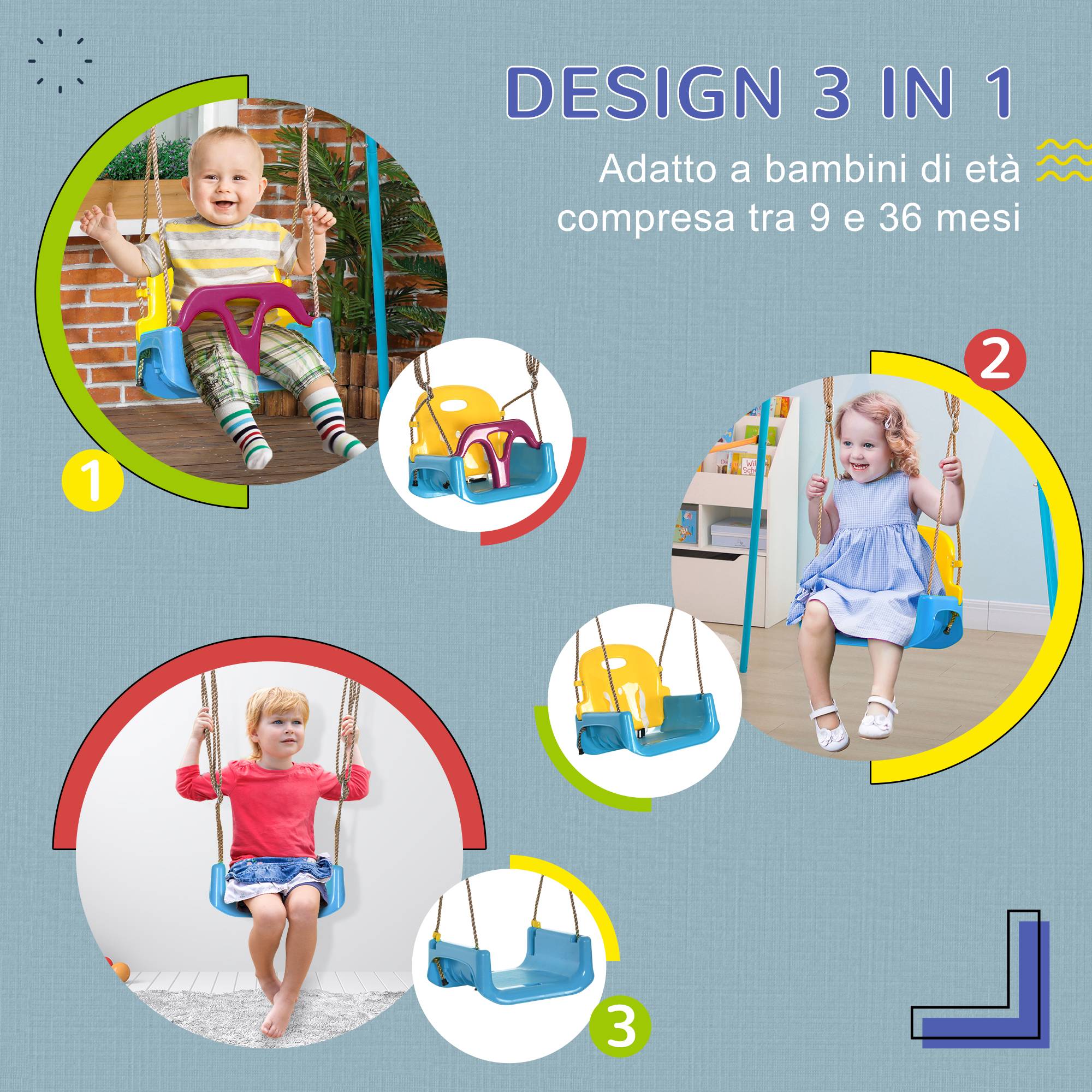 Balançoire bébé 3 en 1 pour intérieur et extérieur, corde réglable et ceinture de sécurité, 9-36 mois, bleue - Image 6