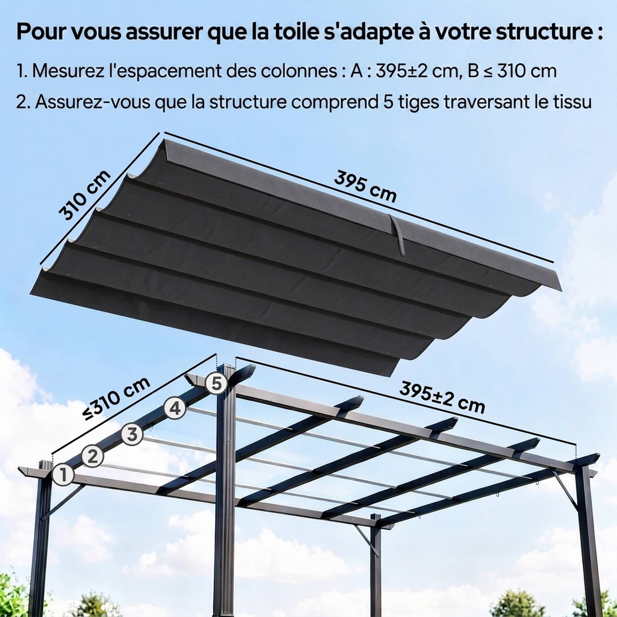 ComfortXL - Toile de rechange pour pergola en polyester gris foncé 392 x 350 cm pour structure 4 x 3 m avec protection UV30+ - Image 4