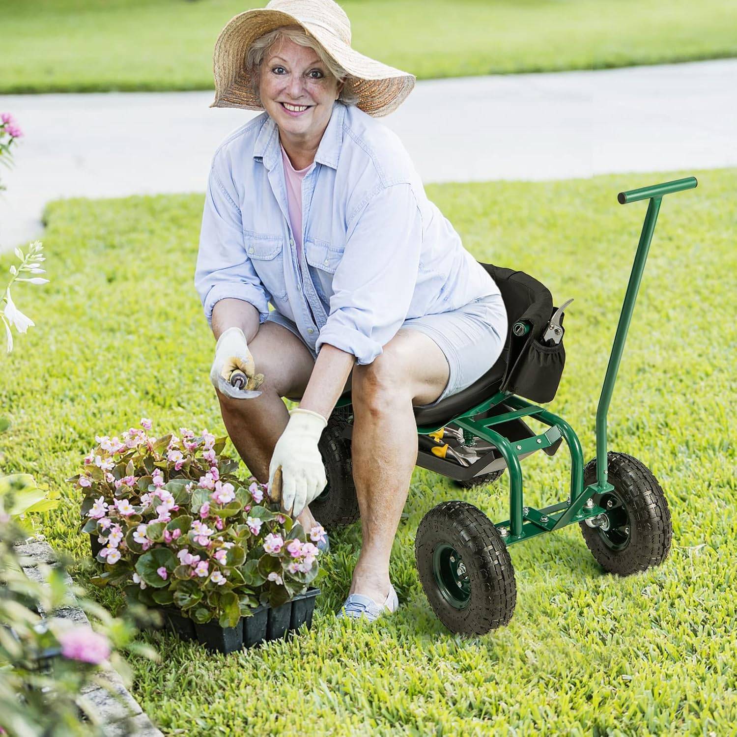 Costway - Siège de Jardin Roulant avec 2 Poignées de Direction, Chariot Jardinage Réglable en Hauteur avec Siège Pivotant à 360°, 90 x 59 x 106 cm, Vert - Image 1