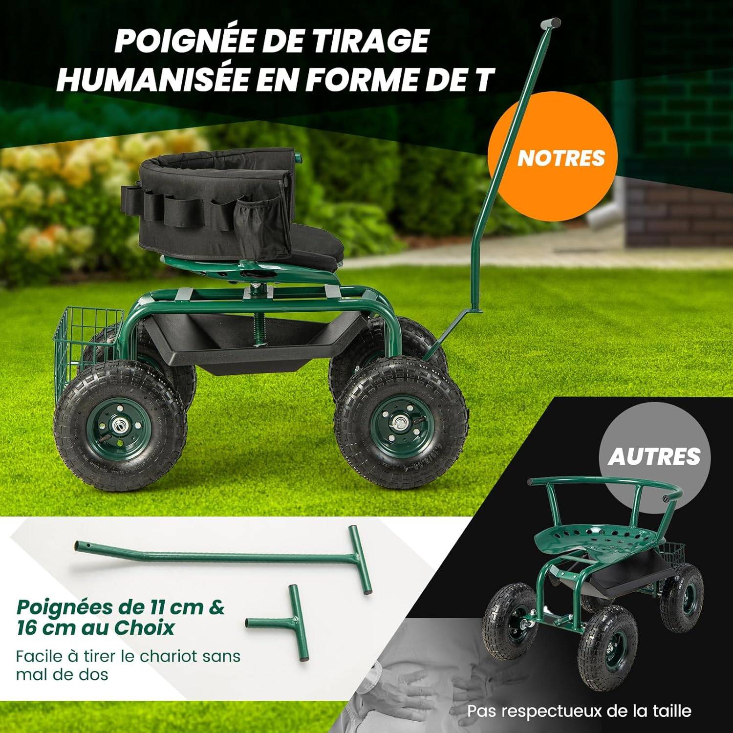 Costway - Siège de Jardin Roulant avec 2 Poignées de Direction, Chariot Jardinage Réglable en Hauteur avec Siège Pivotant à 360°, 90 x 59 x 106 cm, Vert - Image 6
