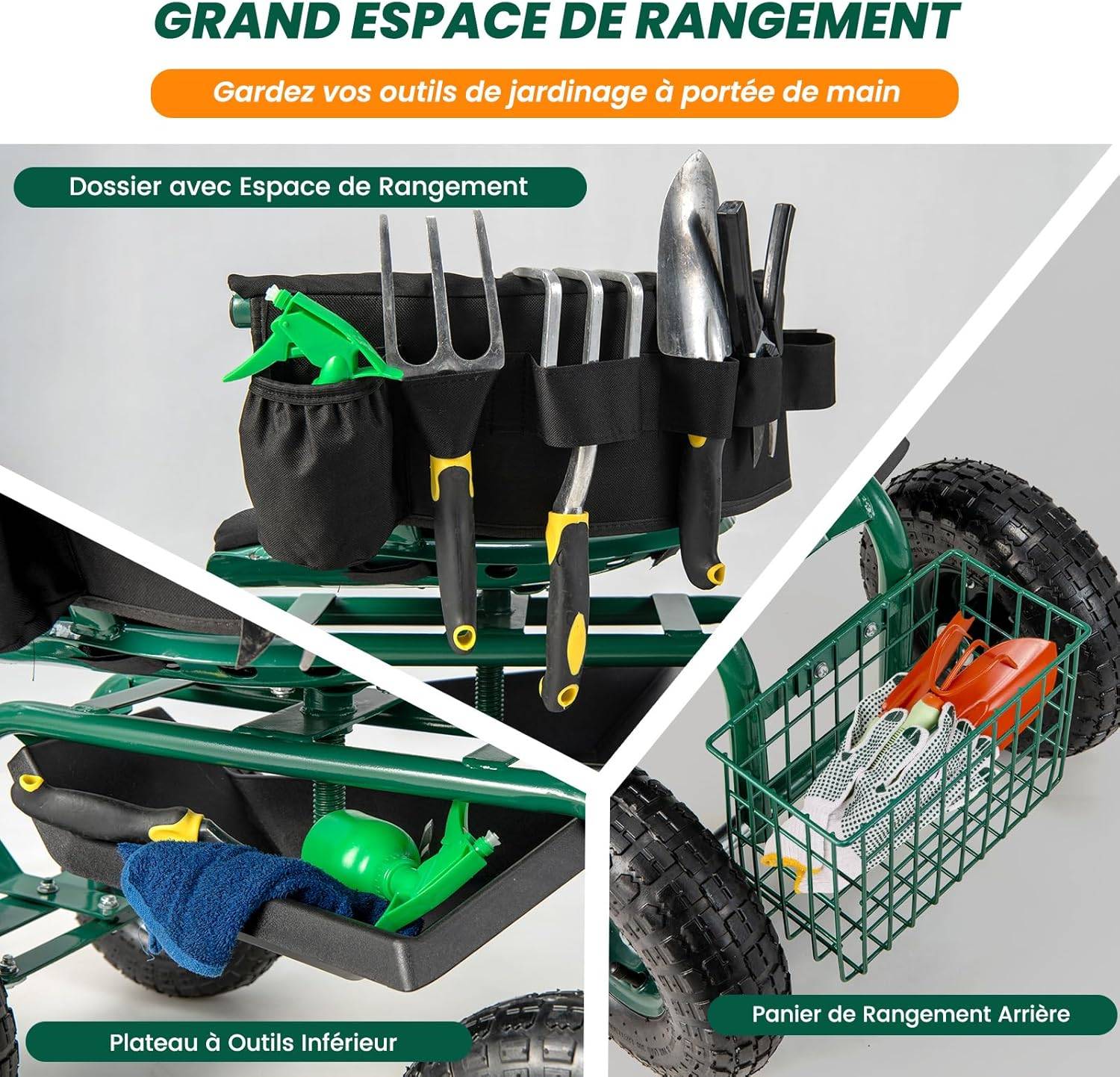 Costway - Siège de Jardin Roulant avec 2 Poignées de Direction, Chariot Jardinage Réglable en Hauteur avec Siège Pivotant à 360°, 90 x 59 x 106 cm, Vert - Image 5