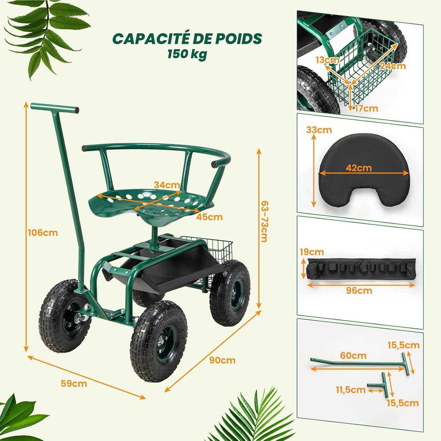 Costway - Siège de Jardin Roulant avec 2 Poignées de Direction, Chariot Jardinage Réglable en Hauteur avec Siège Pivotant à 360°, 90 x 59 x 106 cm, Vert - Image 2