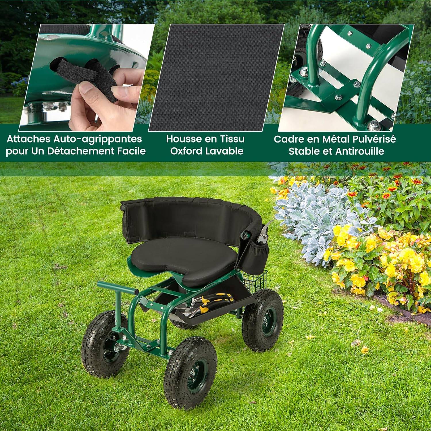 Costway - Siège de Jardin Roulant avec 2 Poignées de Direction, Chariot Jardinage Réglable en Hauteur avec Siège Pivotant à 360°, 90 x 59 x 106 cm, Vert - Image 4