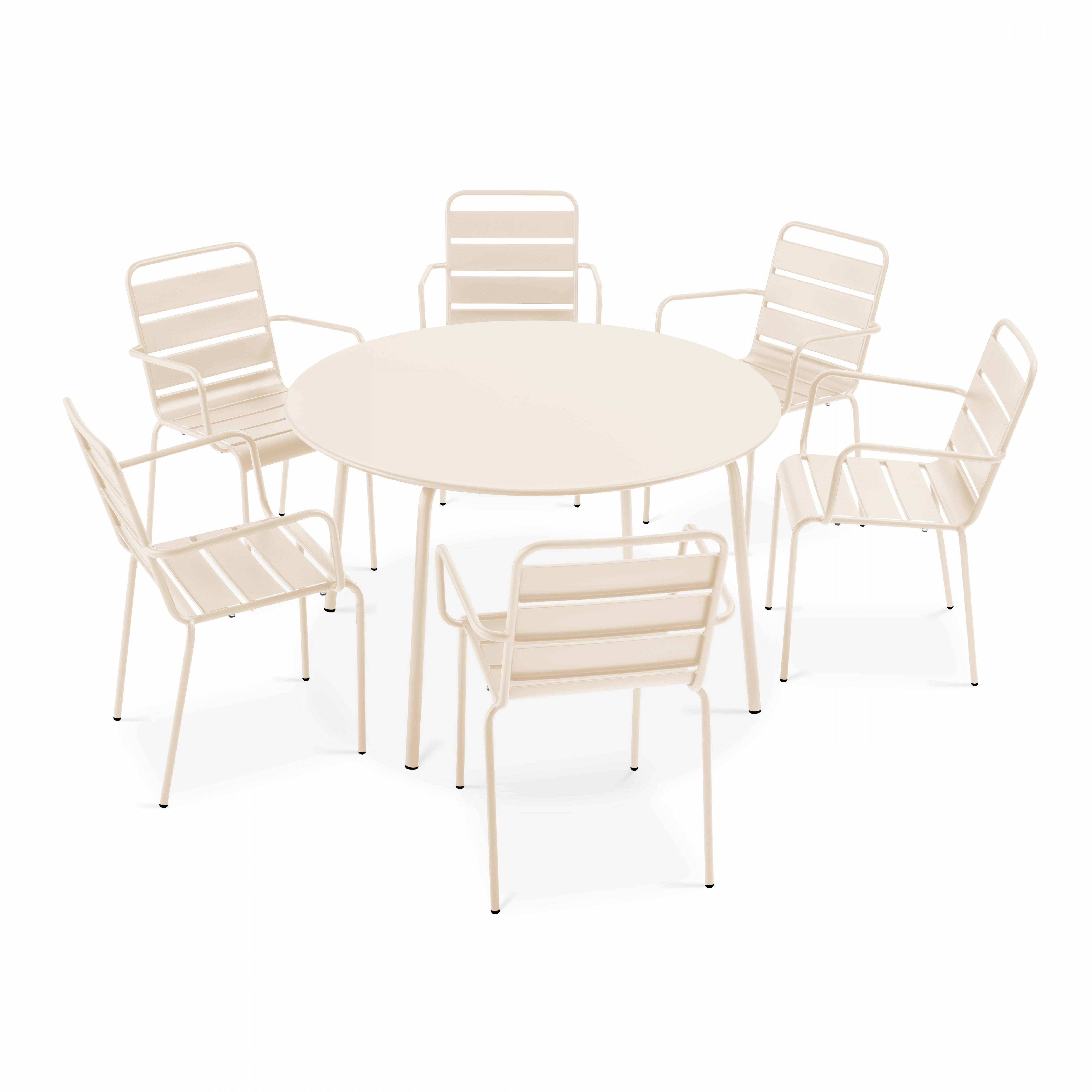 Oviala - Ensemble table de jardin ronde et 6 fauteuils acier ivoire Palavas - Oviala - Image 1