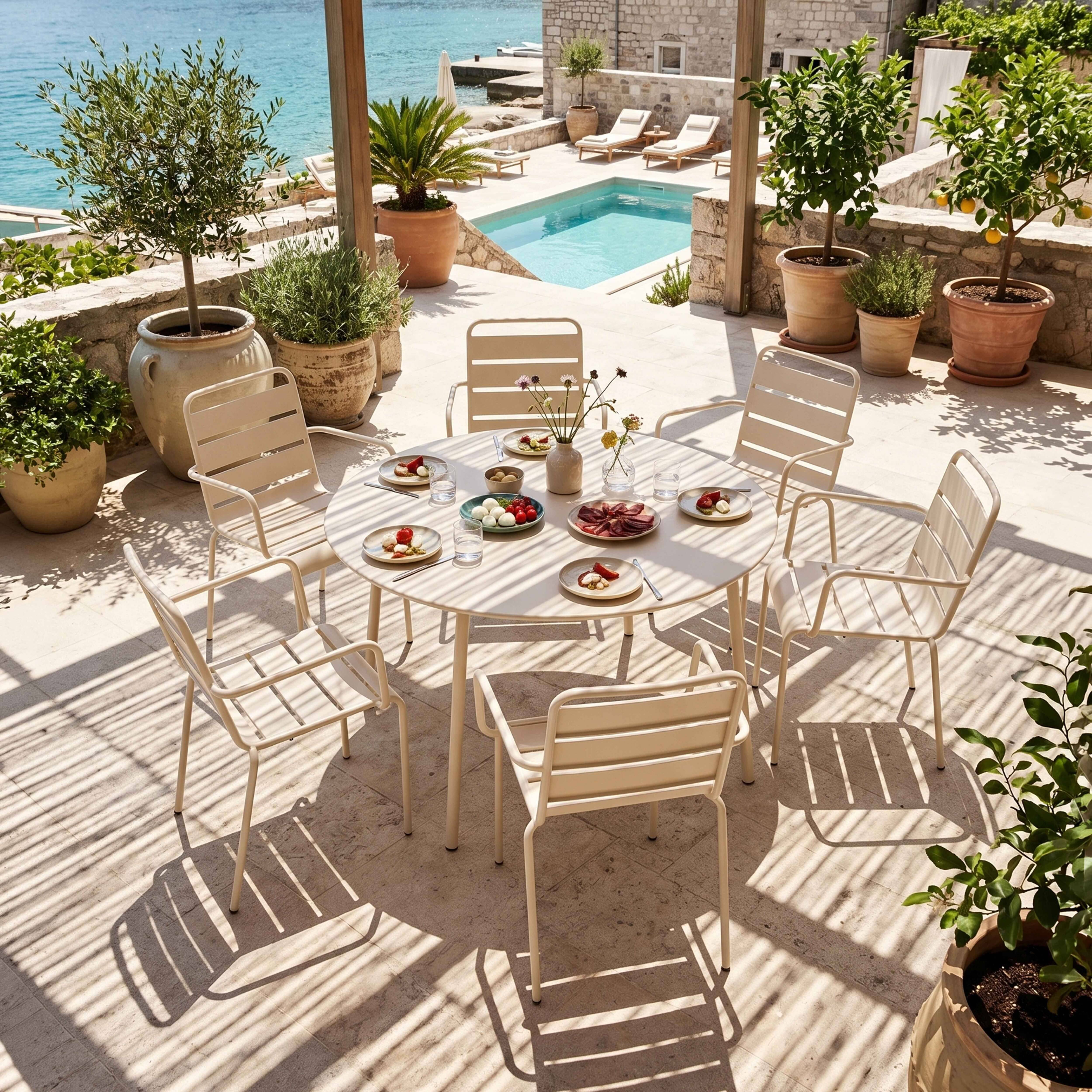 Oviala - Ensemble table de jardin ronde et 6 fauteuils acier ivoire Palavas - Oviala - Image 2