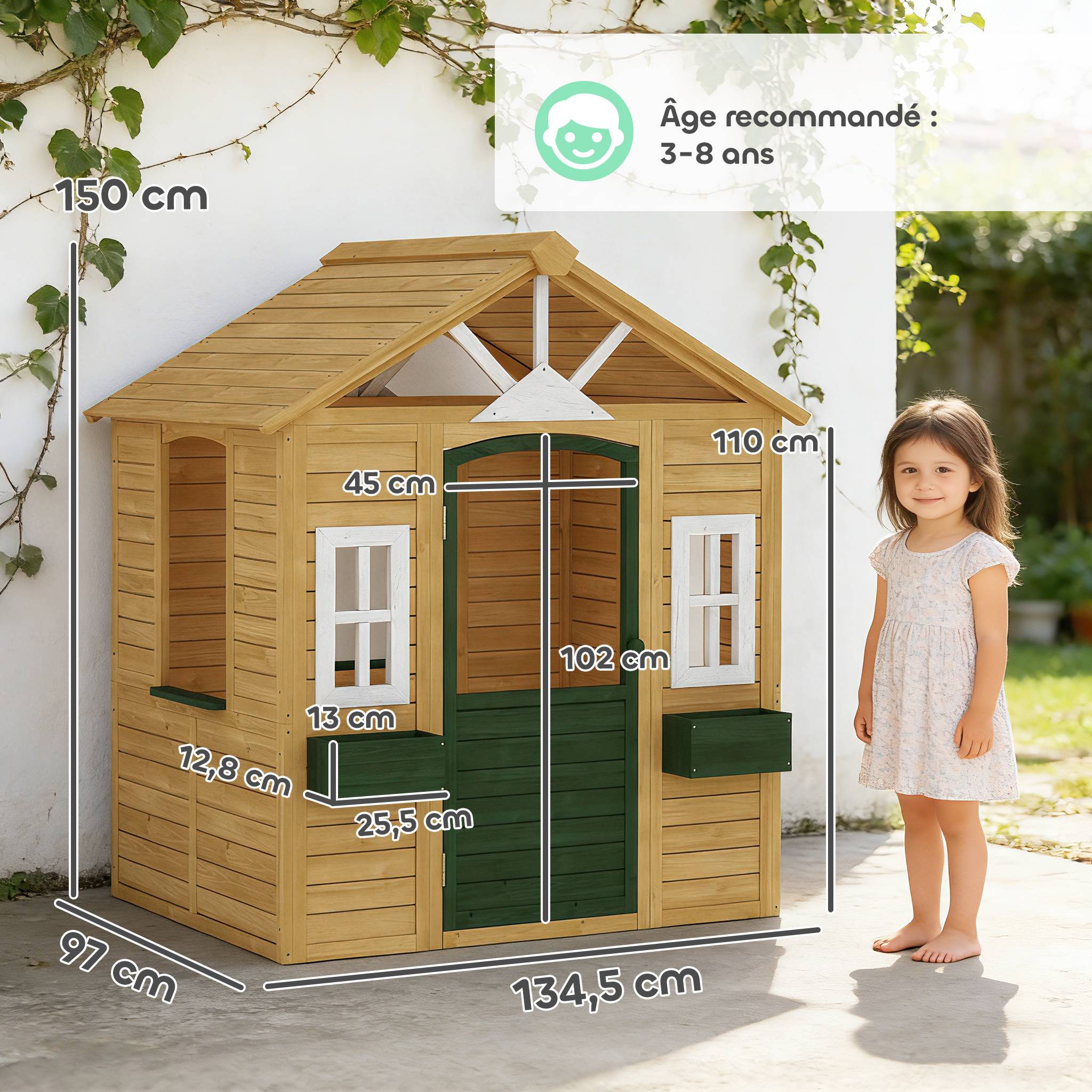 Cabane enfant extérieur en bois, maison enfant extérieure avec porte, fenêtres, 2 bacs à fleurs, 134,5x97x150cm, marron - Image 5