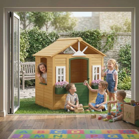 Cabane enfant extérieur en bois, maison enfant extérieure avec porte, fenêtres, 2 bacs à fleurs, 134,5x97x150cm, marron - Image 4