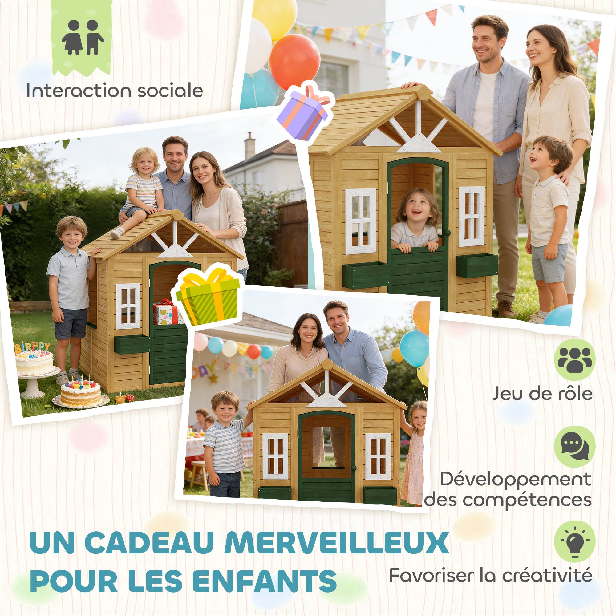 Cabane enfant extérieur en bois, maison enfant extérieure avec porte, fenêtres, 2 bacs à fleurs, 134,5x97x150cm, marron - Image 10