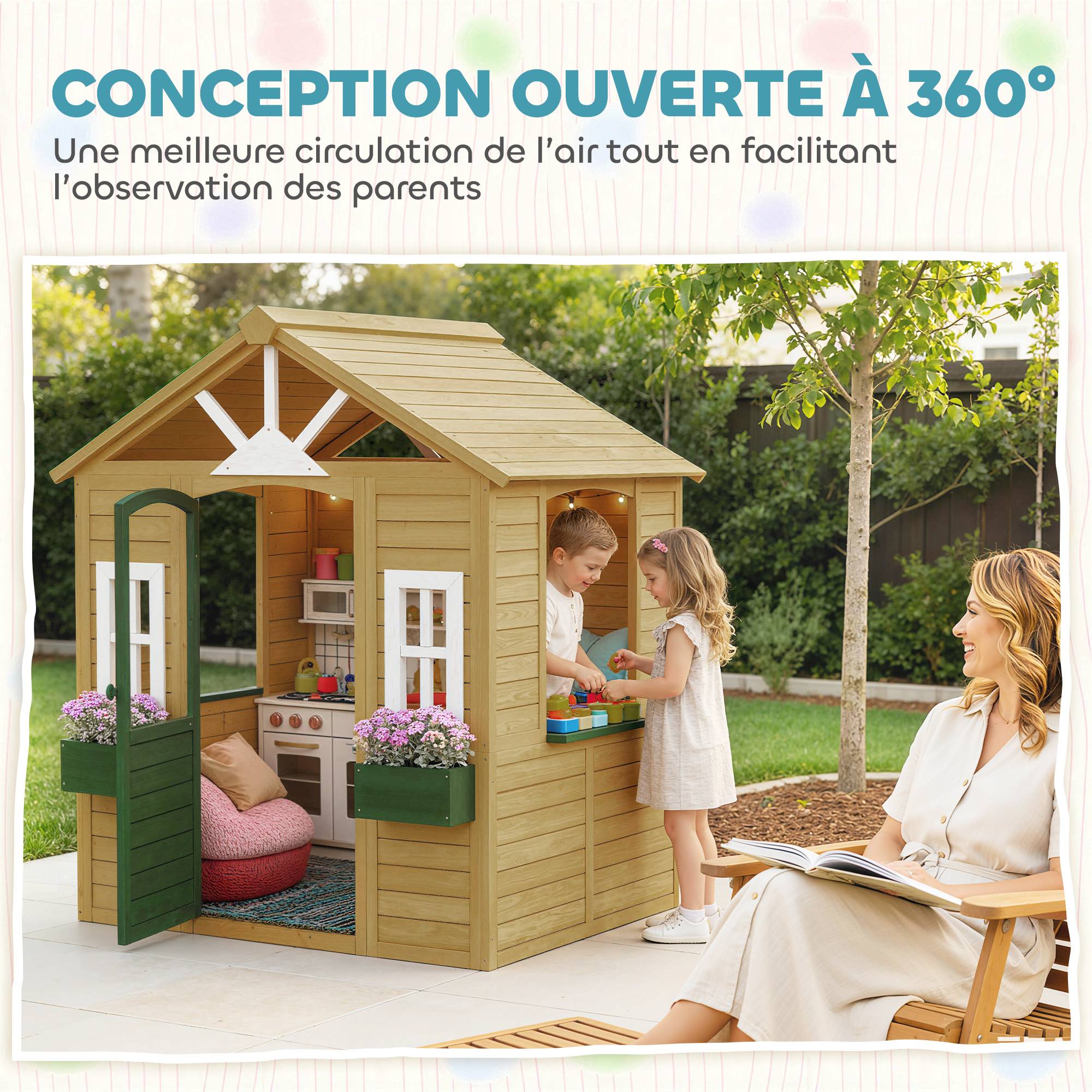 Cabane enfant extérieur en bois, maison enfant extérieure avec porte, fenêtres, 2 bacs à fleurs, 134,5x97x150cm, marron - Image 9