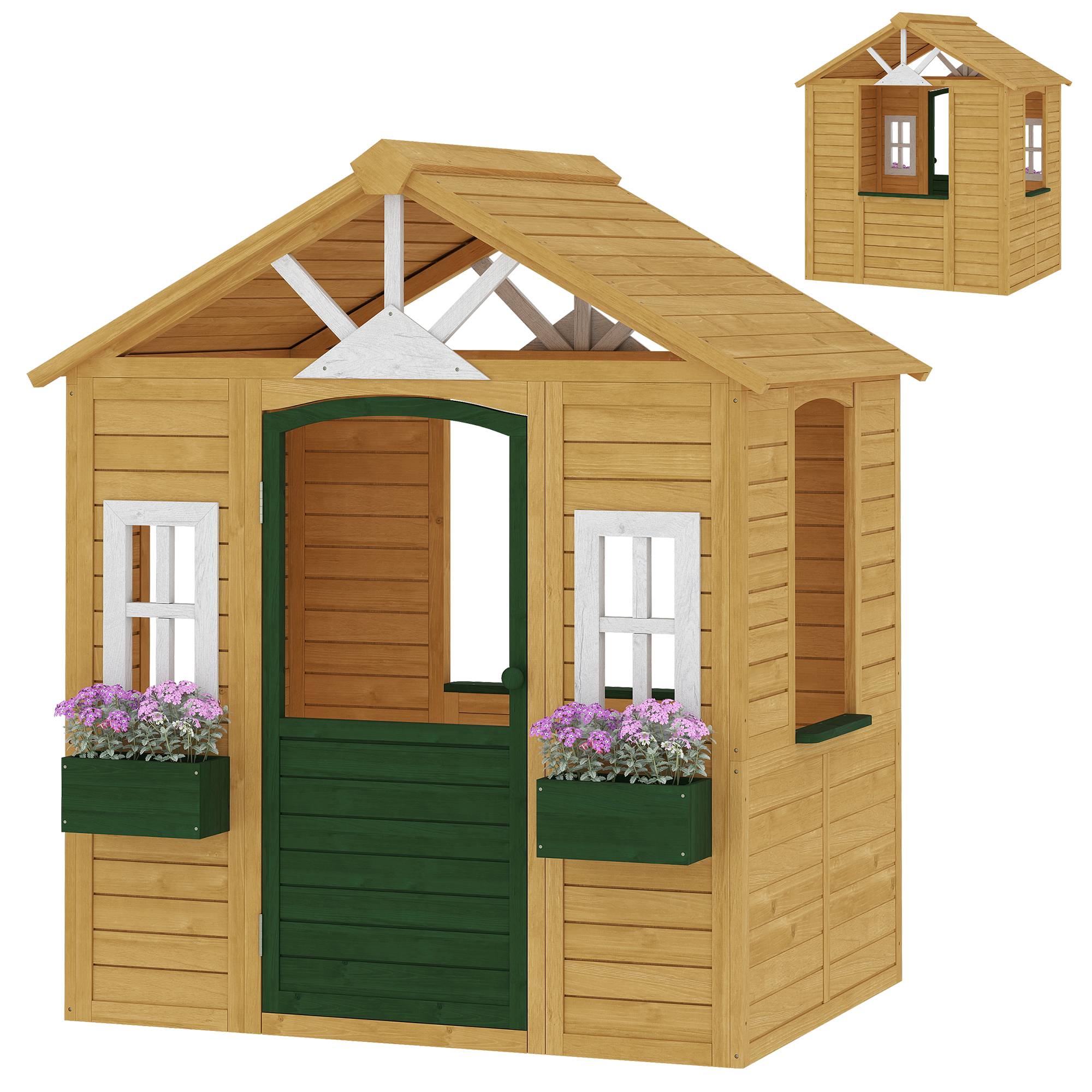 Cabane enfant extérieur en bois, maison enfant extérieure avec porte, fenêtres, 2 bacs à fleurs, 134,5x97x150cm, marron - Image 2