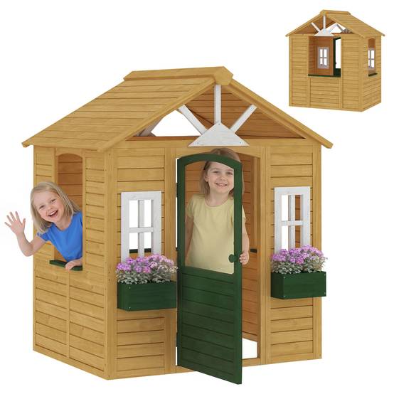Cabane enfant extérieur en bois, maison enfant extérieure avec porte, fenêtres, 2 bacs à fleurs, 134,5x97x150cm, marron - Image 1