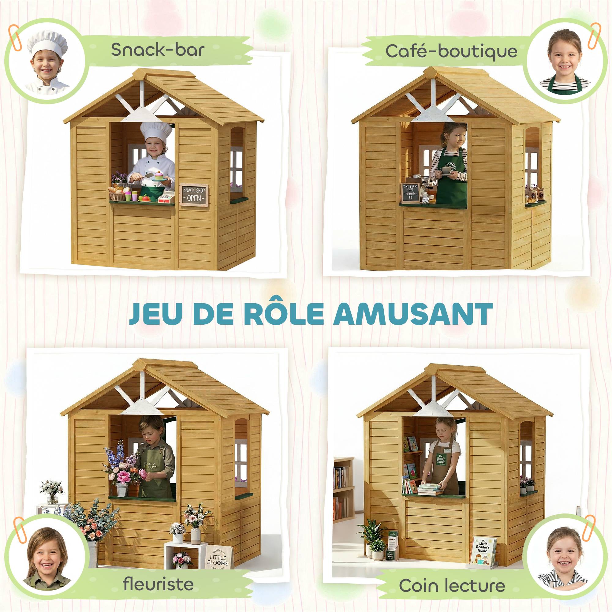 Cabane enfant extérieur en bois, maison enfant extérieure avec porte, fenêtres, 2 bacs à fleurs, 134,5x97x150cm, marron - Image 8