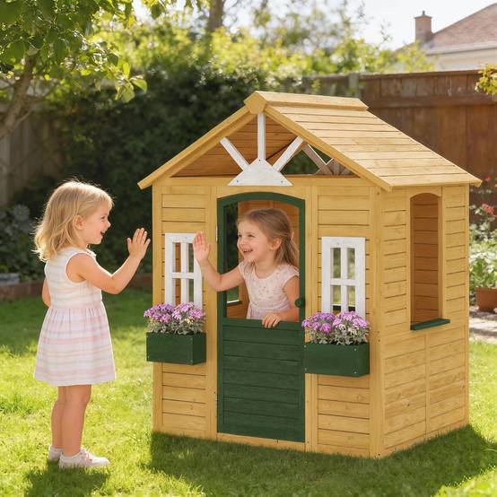 Cabane enfant extérieur en bois, maison enfant extérieure avec porte, fenêtres, 2 bacs à fleurs, 134,5x97x150cm, marron - Image 3
