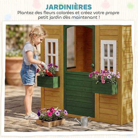 Cabane enfant extérieur en bois, maison enfant extérieure avec porte, fenêtres, 2 bacs à fleurs, 134,5x97x150cm, marron - Image 7