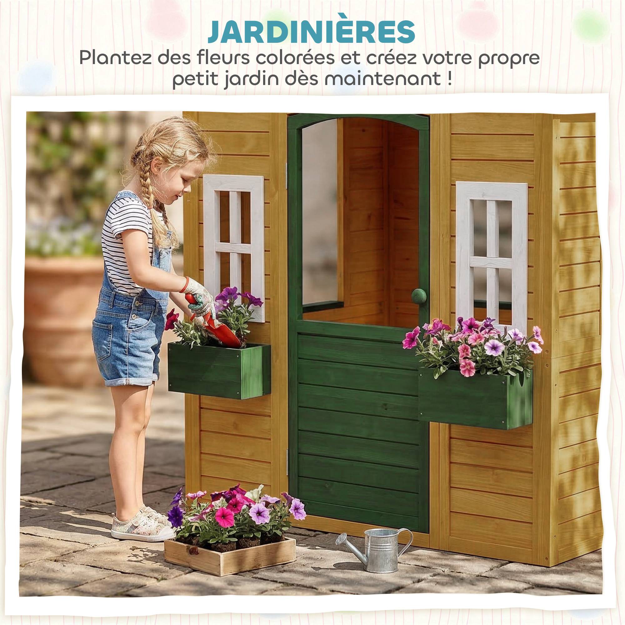 Cabane enfant extérieur en bois, maison enfant extérieure avec porte, fenêtres, 2 bacs à fleurs, 134,5x97x150cm, marron - Image 7