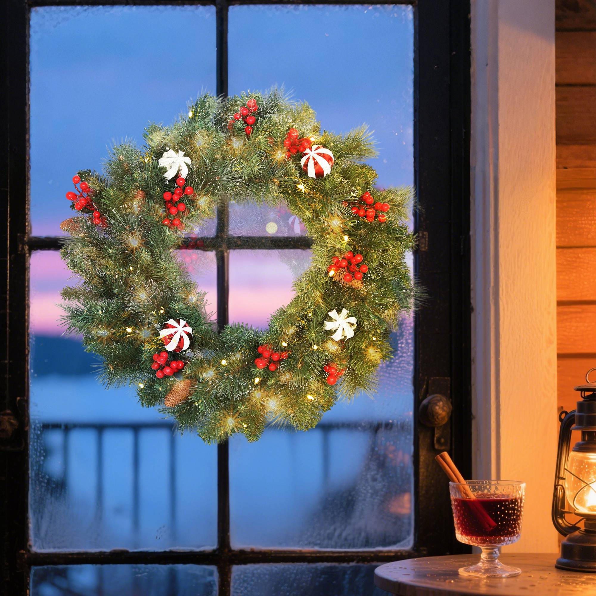 Couronne de Noël lumineuse 60 cm avec 50 LED, minuterie, 146 pointes, pommes de pin, baies, boules décoratives, vert - Image 4