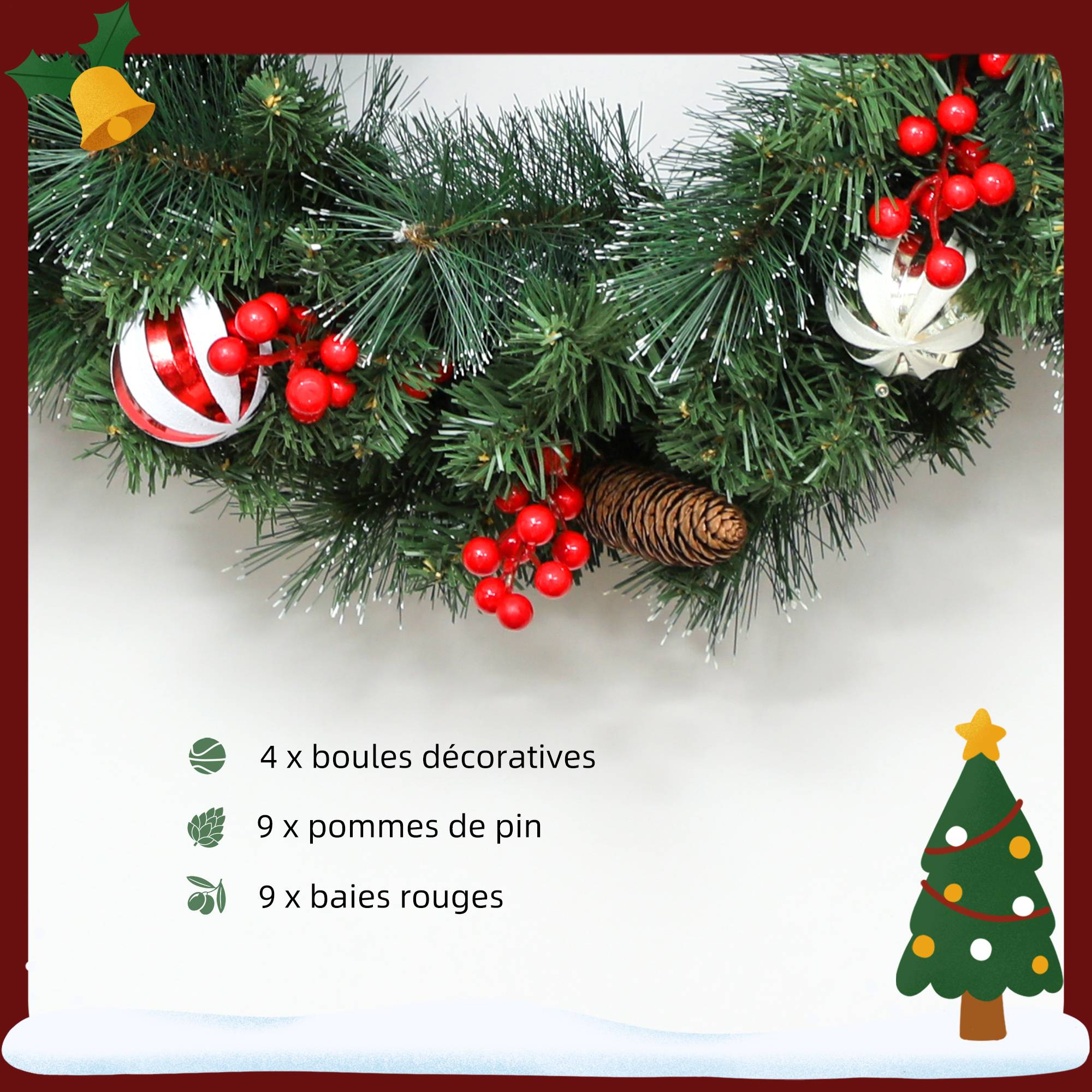 Couronne de Noël lumineuse 60 cm avec 50 LED, minuterie, 146 pointes, pommes de pin, baies, boules décoratives, vert - Image 8