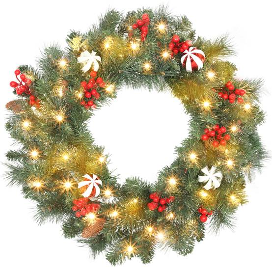 Couronne de Noël lumineuse 60 cm avec 50 LED, minuterie, 146 pointes, pommes de pin, baies, boules décoratives, vert - Image 1