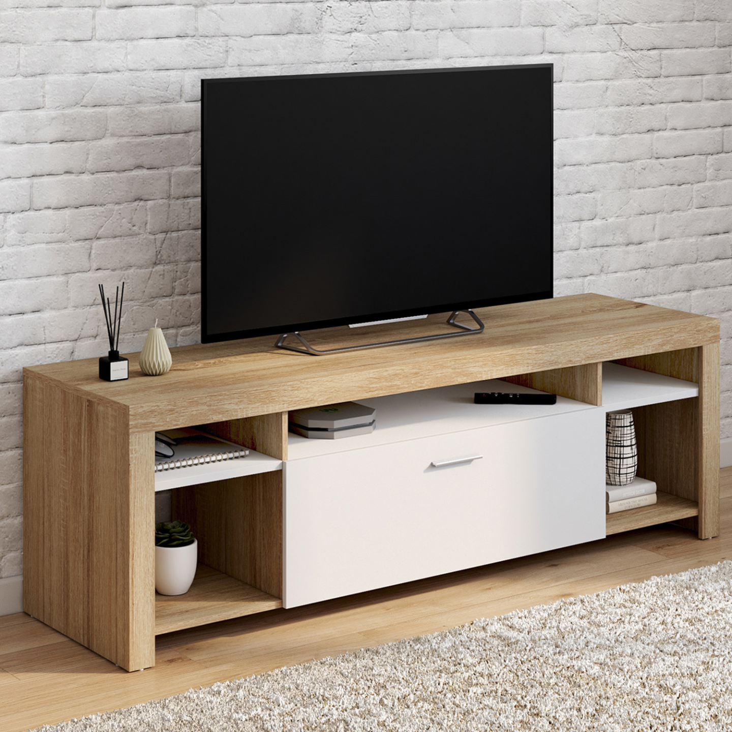 Meuble TV 140 cm MALO bois et placard blanc - Image 1