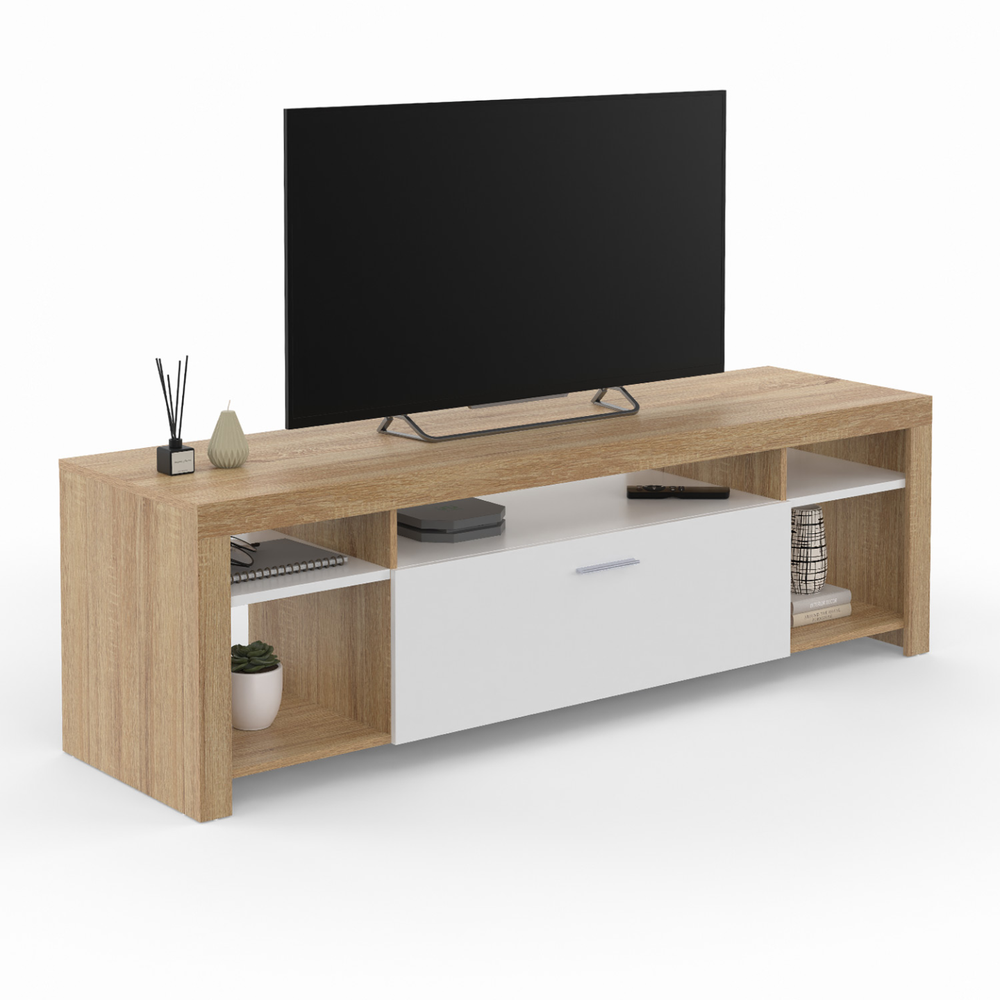 Meuble TV 140 cm MALO bois et placard blanc - Image 2