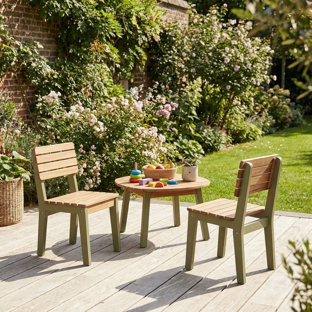 Lot de 2 chaises en bois d'acacia pour enfant. salon de jardin enfant vert de gris. intérieur / extérieur | sweeek - Image 1