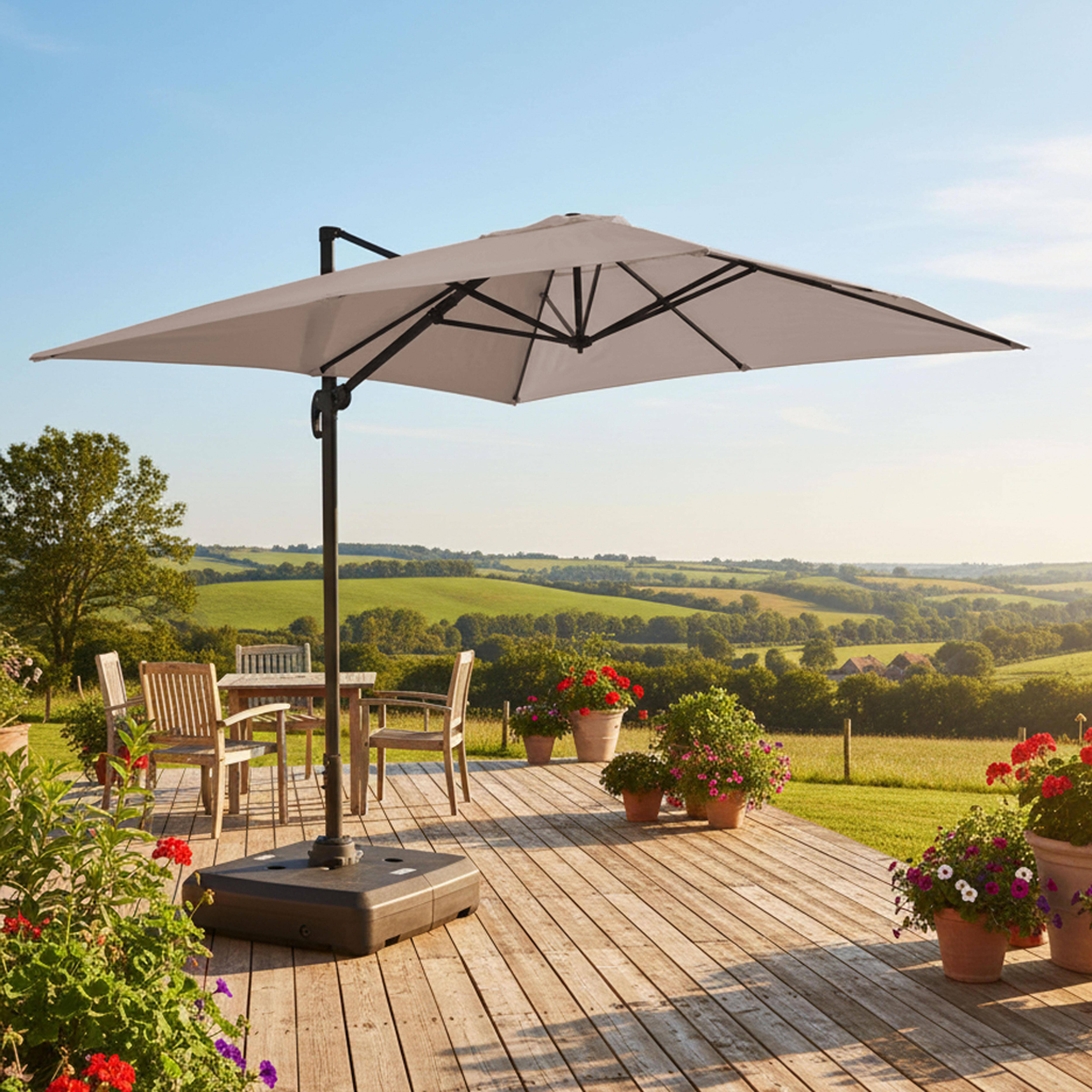 Oviala - Parasol déporté 4x3 m 360° inclinable + à lester sur roues taupe Caserta - Oviala - Image 2