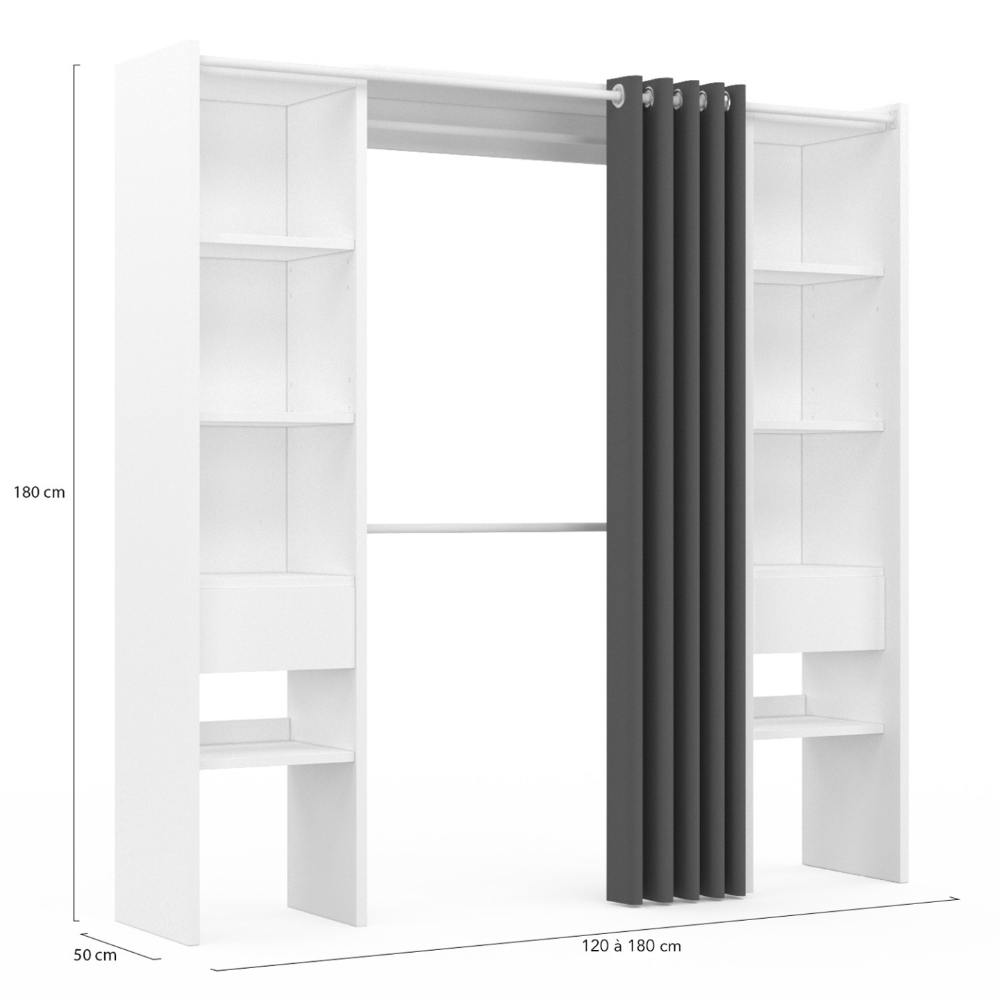 Dressing extensible double MERYL 120/180 x 50 x 180 cm blanc avec étagères + double penderie + rideau gris - Image 4