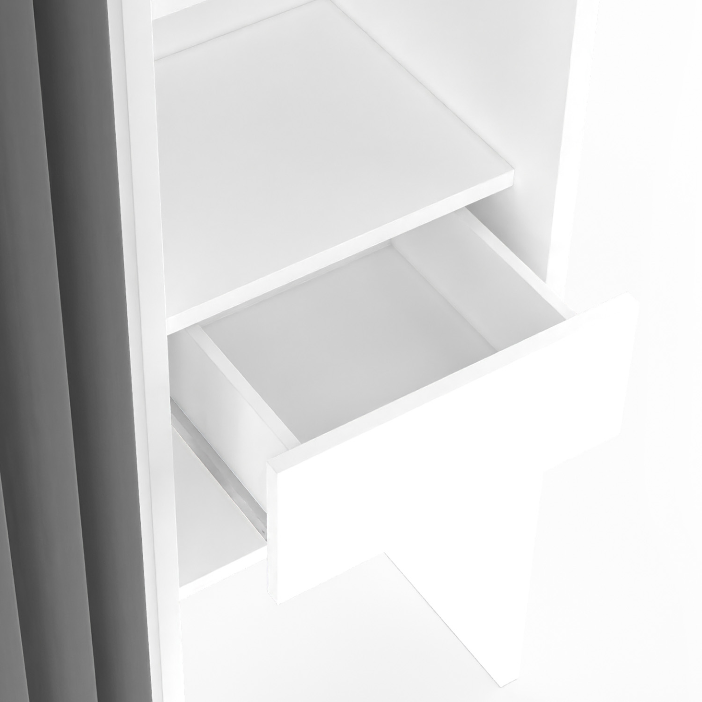 Dressing extensible double MERYL 120/180 x 50 x 180 cm blanc avec étagères + double penderie + rideau gris - Image 5