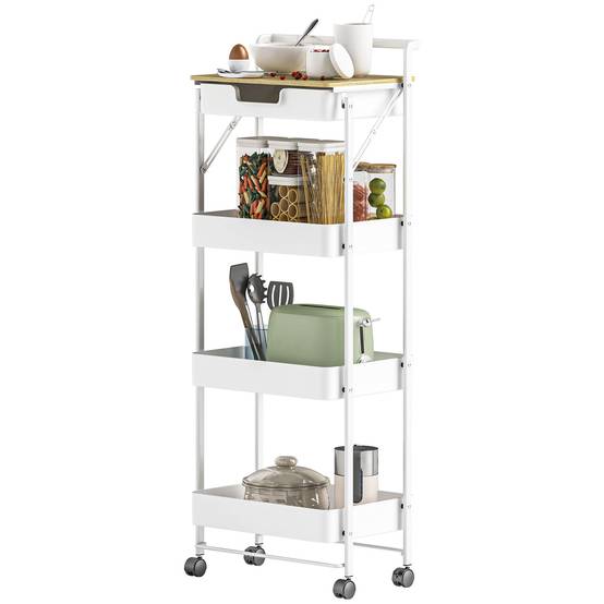 Chariot de rangement à 4 niveaux avec tiroir, plateau et paniers métalliques, desserte mobile blanc pour cuisine salle de bain buanderie moderne - Image 2