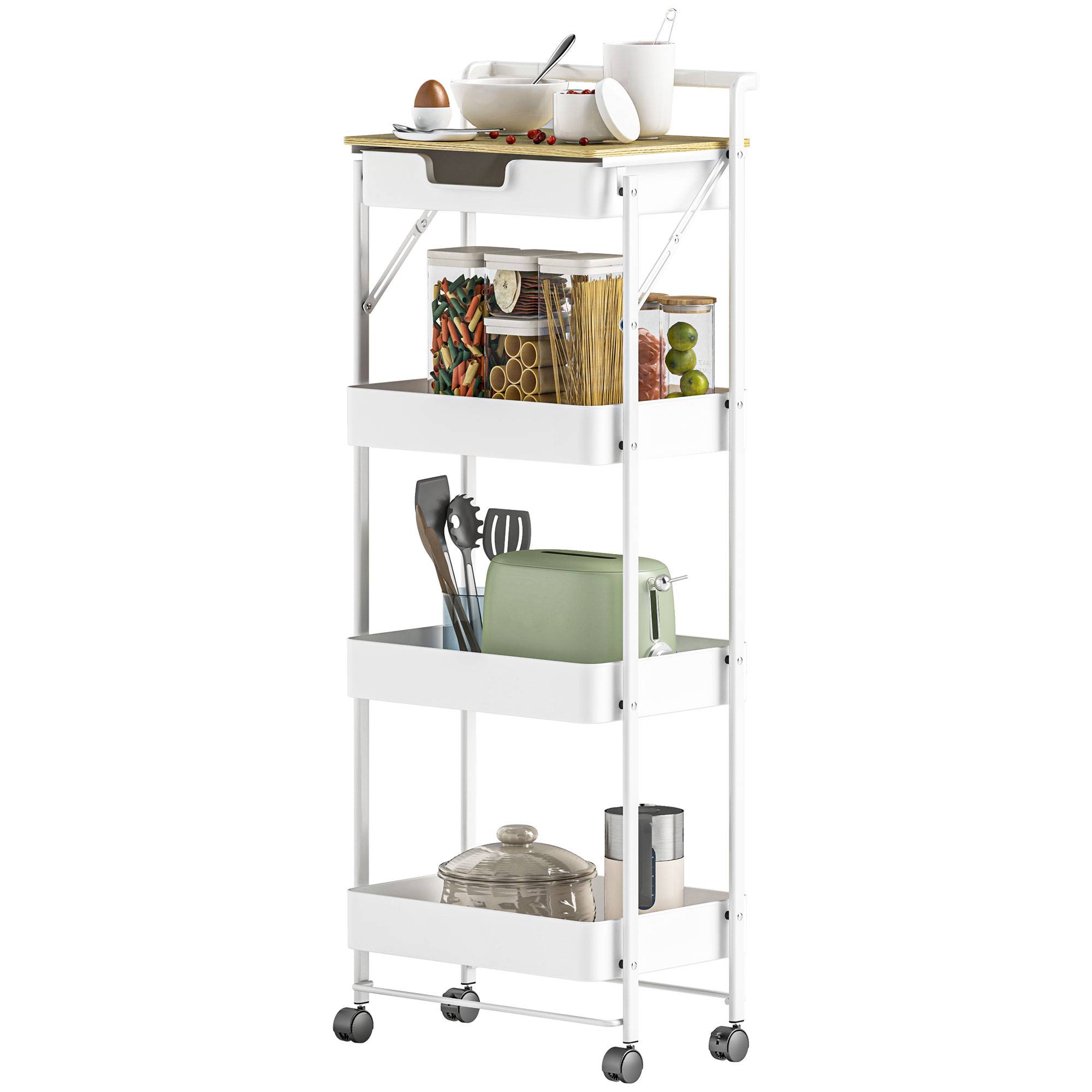 Chariot de rangement à 4 niveaux avec tiroir, plateau et paniers métalliques, desserte mobile blanc pour cuisine salle de bain buanderie moderne - Image 2