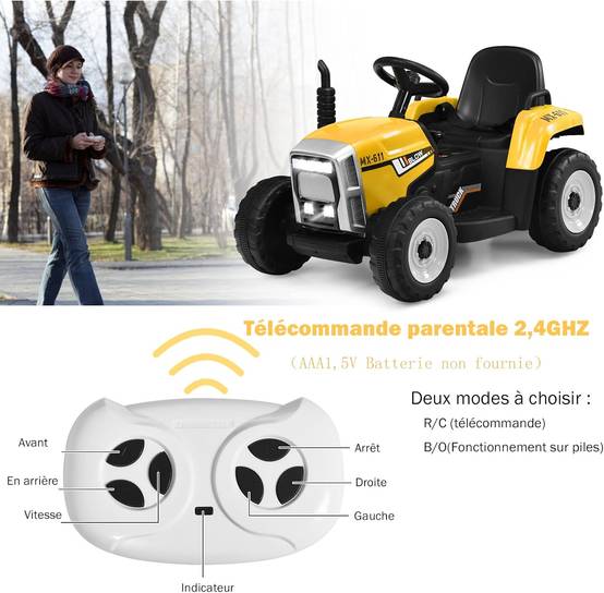 Costway - Tracteur Electrique Enfants 12 V avec Remorque Télécommande 2,4G - 3 Vitesses pour Enfants - Image 3