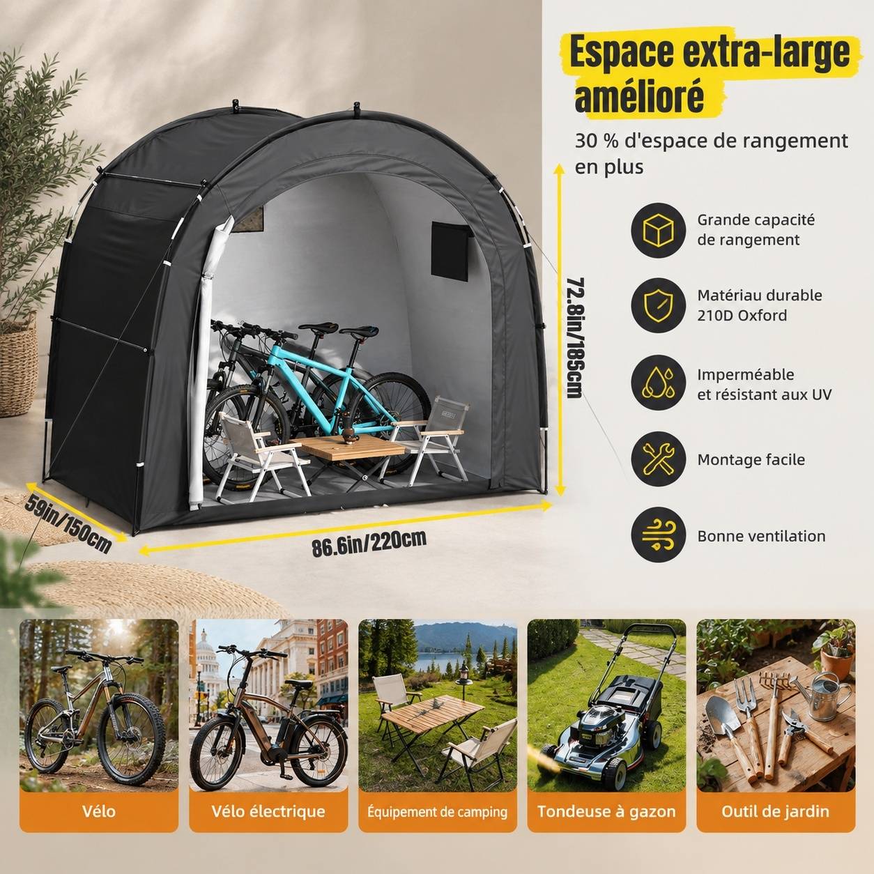 Abri Tente Vélo Extérieur Portable Étanche Oxford 210D - Image 2
