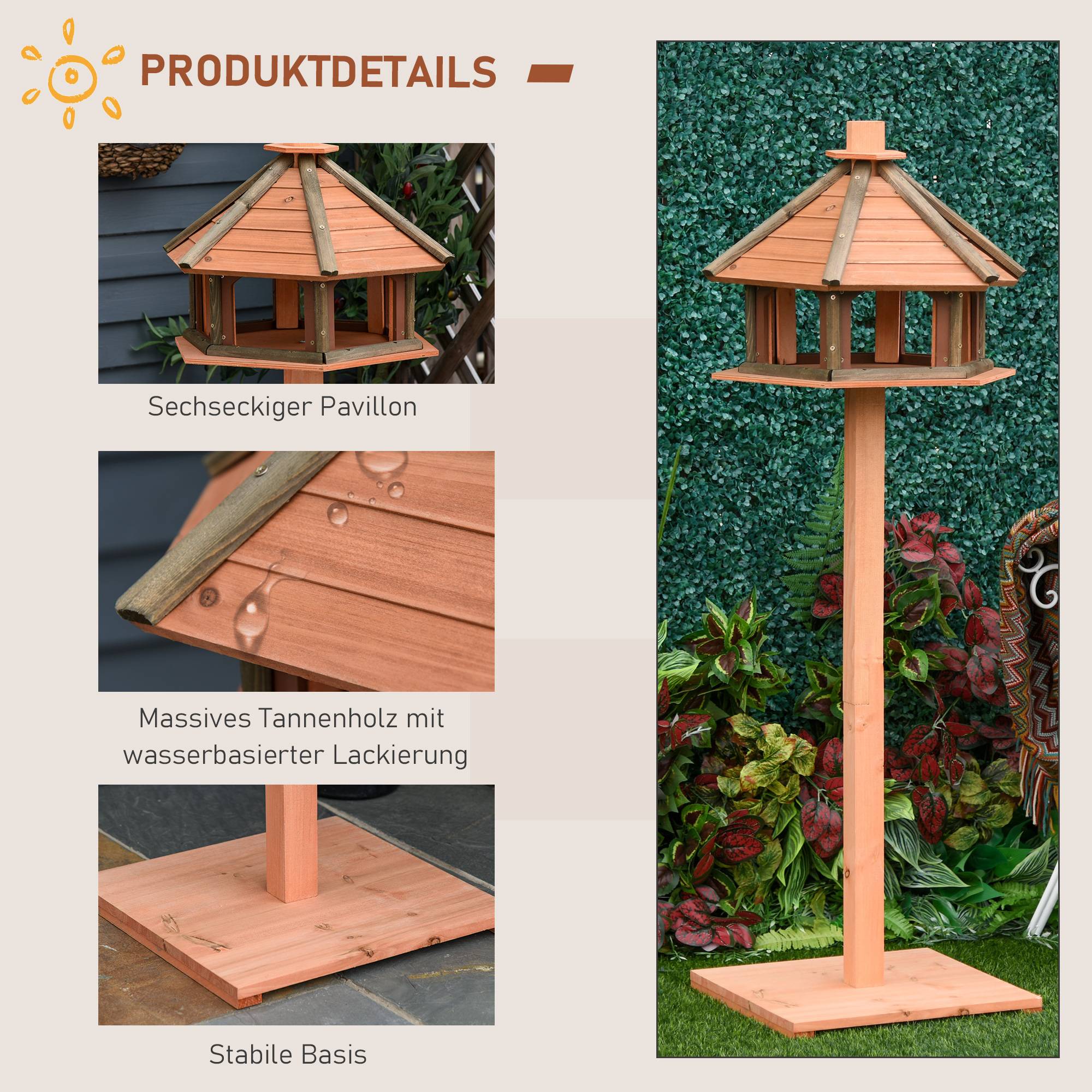 Sans Marque - Nichoir sur pied avec toit imperméable, bois, pour oiseaux sauvages, Ø52x130H cm, naturel - Image 7
