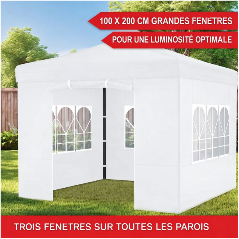 Pavillon 3x3m Tonnelle de jardin pliable Blanc avec fenêtres Sac de rangement inclus - Image 5