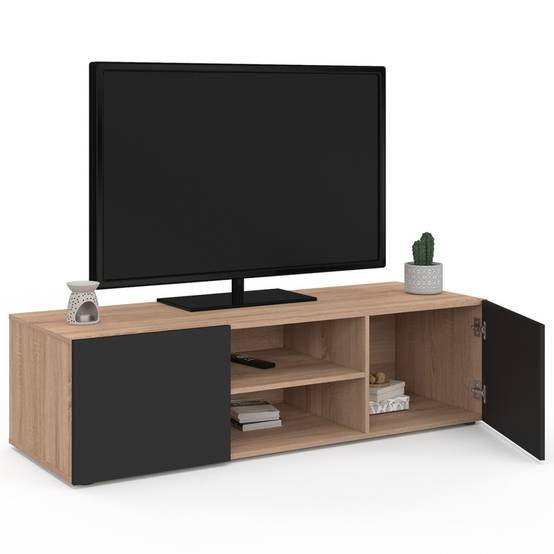 Meuble TV 113 cm ELI bois façon hêtre portes noires - Image 4