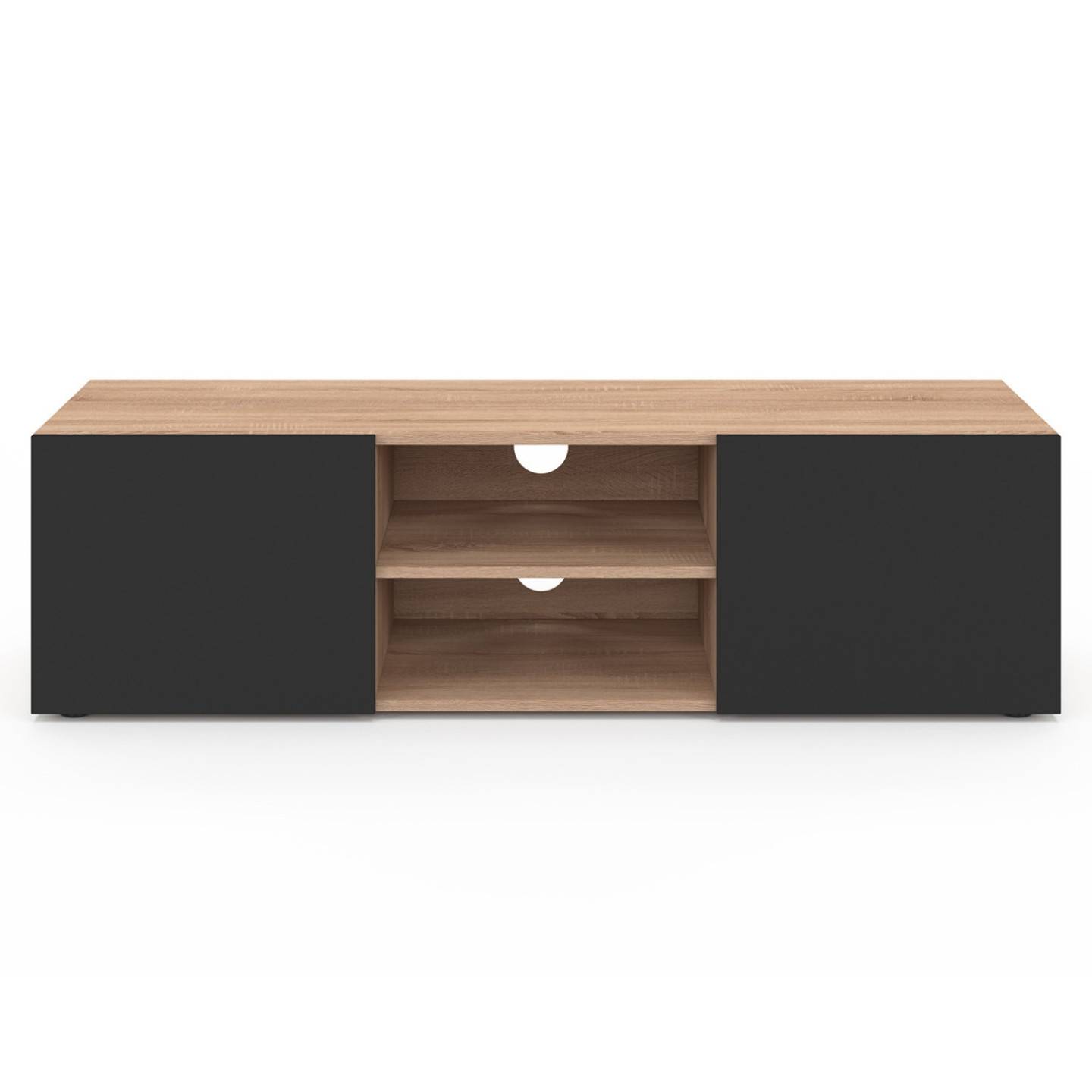 Meuble TV 113 cm ELI bois façon hêtre portes noires - Image 3