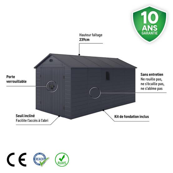 Abri de jardin résine anthracite 11m² avec kit de fondation et double porte Jôbu - Image 4
