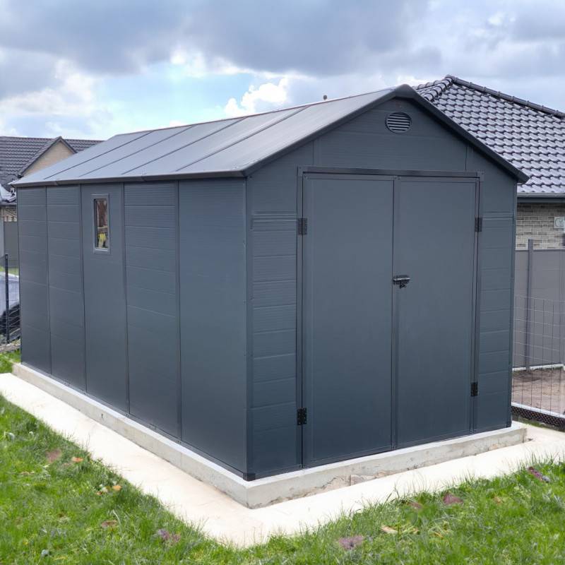 Abri de jardin résine anthracite 11m² avec kit de fondation et double porte Jôbu - Image 3