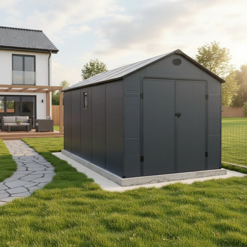Abri de jardin résine anthracite 11m² avec kit de fondation et double porte Jôbu - Image 1