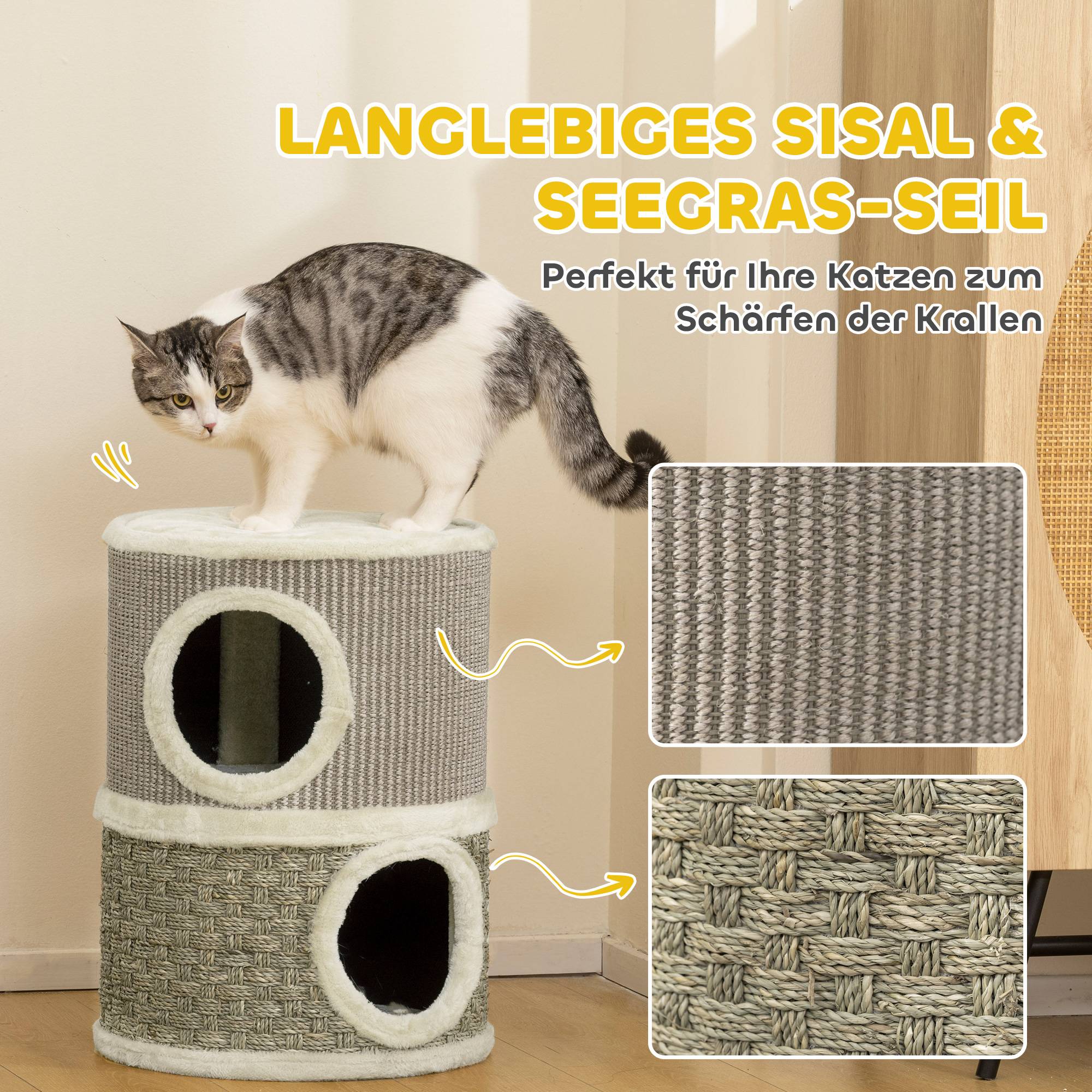 Sans Marque - Tonneau à griffer 49 cm, Ø35,5 cm, 2 étages, bord peluche, 2 niches, Kaki+Café - Image 8