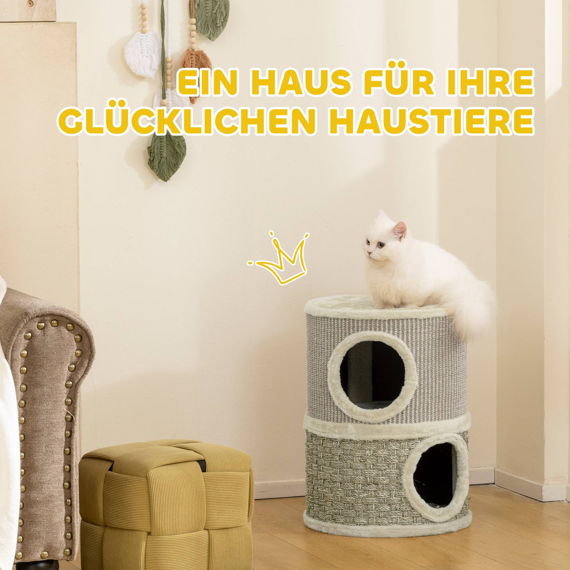 Sans Marque - Tonneau à griffer 49 cm, Ø35,5 cm, 2 étages, bord peluche, 2 niches, Kaki+Café - Image 6